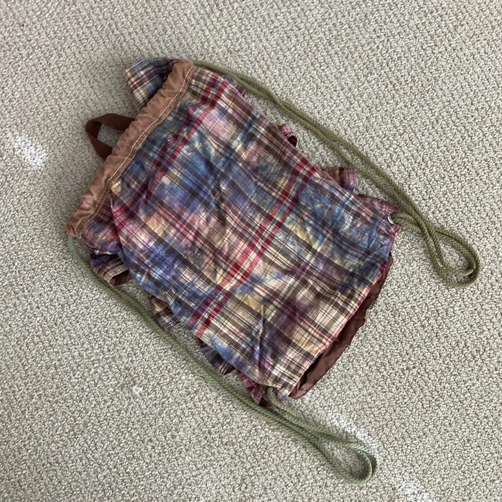 Ruffled Drawstring Bag Backpack Plaid Brown Frills Y2K Casual Lizzie McGuire